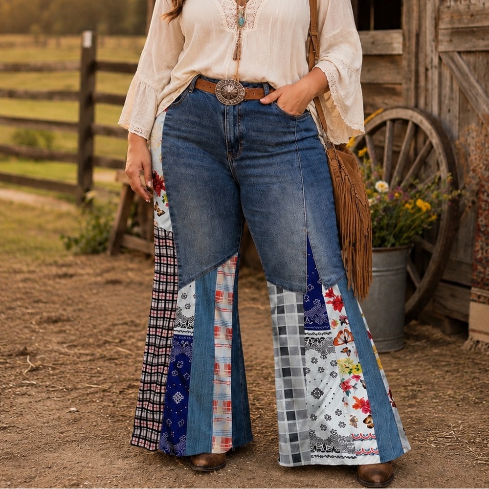 NWT URSIME‎ Boho Patchwork Denim High Rise Retro Flare Jeans size 4XL